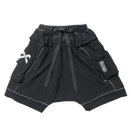 Techwear Hip Hop Black Tactics Men Cargo Short Pants Summer Reflective Male Ribbons Joggers Casual Pockets Tactical Streetwear 210716