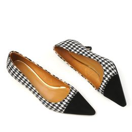 Womens genuine leather Houndstooth patchwork slip-on pumps elegant ladies pointed toe dress shoes high quality evening heels