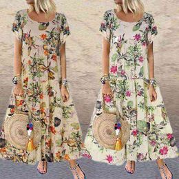 Vintage Long Dress Women Casual Floral Printed Short Sleeve Maxi Dresses Robe Boho Beach Sundress Loose Dress Female Vestidos Y220214
