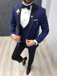 Newest Groomsmen Peak Black Lapel Groom Tuxedos One Button Men Suits Wedding/Prom/Dinner Best Man Blazer ( Jacket+Pants+Tie+Vest ) W974