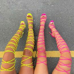 Pzilae 2021 New women gladiator knee high sandals open toe lace up cross strappy sandals women high heels fashion sexy shoes J2023