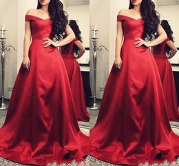 Elegant Red Satin Evening Dresses 2021 Custom Made Sweep Train Plus Size Off The Shoulder Prom Party Ball Gown Formal Ocn Wear Vestido 403 403