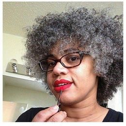 Popular short afro Grey human hair wig two tone mixed silver grey soft salt and pepper natural highlights kinky curly non lace wigs