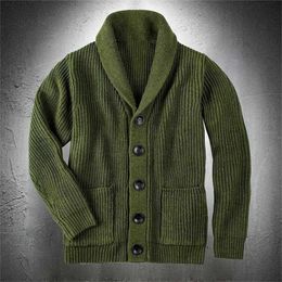 Army Green Cardigan Sweater Men Sweater Coat Coarse Wool Sweater Thicken Warm Casual Coat Men Fashion Clothing Button Up 220108
