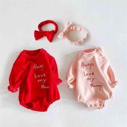 winter plus velvet baby letter embroidered long-sleeved Bodysuits cotton with hair band 210702