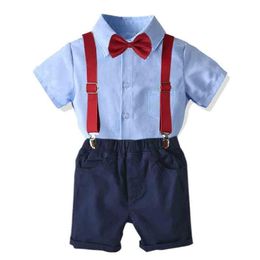 Conjuntos de ropa Baby Boy Gentleman Ropa Set Traje de verano para la camisa para niños pequeños con corbata de lazo + Suspensores Pantalones cortos blancos Chicos formales Chicos Niños Trajes