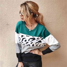 Autumn Winter Women's Sweaters O-Neck Loose Knitted Jumpers Long Sleeves Leopard Splice Sweater Oversize Ladies Pullover Tops 210806