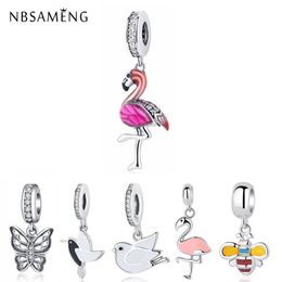 New 925 Sterling Silver Bead Pink Flamingo & Colourful Parrot Pendant Crystal Charms Beads Fit Original Bracelets Jewellery Q0531