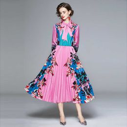 Autumn Women Floral Printed Bow Tie Collar Maxi Shirt Dress Elegant Vintage Female Long Sleeve Pleated Dresses Vestidos 210525