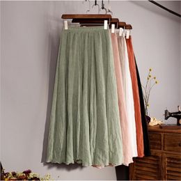 Cotton Linen Maxi Skirt Women Spring Summer Elastic Waist Vintage Solid Pleated Long Skirts Mori Girl Boho Beach Skirt QH1755 210311