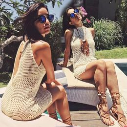 Women's Swimwear 2021 Beachwear Tunics Dresses Apricot Sleeveless Knitted Beach Dress Sexy Hollow Halter Bikini Cover Up Boho Women Clothing