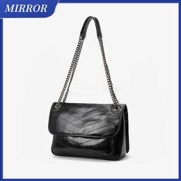 MIRROR TOP Quality Genuine Leather Fashion Shoulder Messenger Bag Metal Chain Irregular Line Mezzanine Large Capacity Comfortable Handbag Wallet