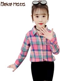 Plaid Blouse For Girls Kids Girl Blouse Long Sleeve Spring Casual Teenage Tops Turn Down Collar Cotton Children's Shirts 210306