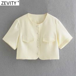 Zevity Women Vintage Safari Style Pocket Design Solid Short Shirt Female Single Breasted Blouse Roupas Chic Crop Tops LS9363 210603