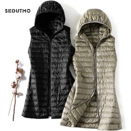 SEDUTMO Winter Plus Size 3XL Womens Down Jackets Ultra Light Long Hooded Vest Casual Waistcoat Autumn Coat Slim Parkas ED913 210204