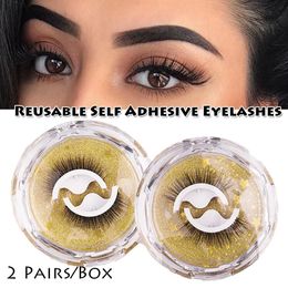 2 Pair Reusable Self Adhesive Eyelashes Without Glue Self-adhesive False Lashes with Crystal Box 3D Natural Look Fake Eyelash