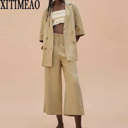 Za Spring Autumn Women Retro Solid Colour Simple Style Loose Short Sleeve Linen Suit Coat And Casual Chic Pants XITIMEAO 210602