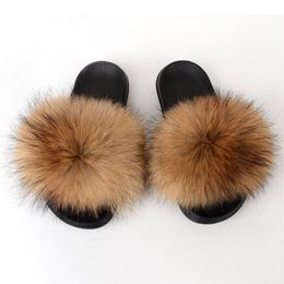 Women's Fur Slippers Summer Home Slippers Luxury Fox Fur Sandals Indoor Fluffy Cute Raccoon Fur Large Size Plush Leather Shoes 210310