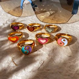 Gold Plated Stainless Steel Colourful Double Layer Love Heart Chunky Rings For Women Candy Colour Ins Rings Waterproof Jewellery X0715