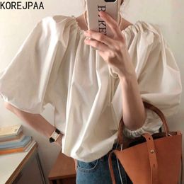 Korejpaa Women Shirt Summer Temperament Niche Round Neck Pleated Drawstring Wide Loose Solid Color Lantern Sleeve Blouses 210526