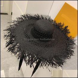 Wide Brim Hats & Caps Hats, Scarves Gloves Fashion Accessories 04-Yu785266047 Raffia Grass Big Wind Burrs Long Black Ribbon Sun Cap Women Le