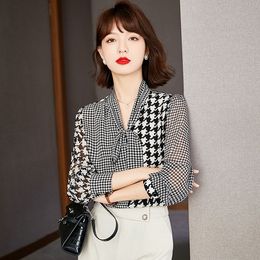 2021 Hot New Autumn Shirt Trend Houndstooth Printed Women Blouse Fashion Lady Chiffon Bow Shirt Office Business Blouse