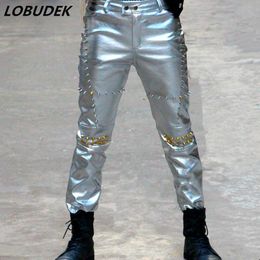 rock leather pants UK - Men's Pants Super Star Stage Costume Silvery Rivet Slim PU Leather Tide Fashion Trousers Bar Jazz Hip-Hop Rock Costumes