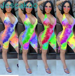Women Designer Overalls Summer Sexy Clothing Jumpsuits Tie-dye Style Scoop Neck Romper Shorts Sleeveless S-2xl Capris Hot Sell Dhl 326