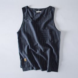 Mens Sleeveless Vest Japan Style Summer Breathable Soft Linen Male Tank Tops Excellent Striped Undershirt Pockets Casual