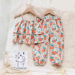 Summer Arrival Girls Fashion Floral Suit Kids Top+pants Korean Design Sets Clothes 210528