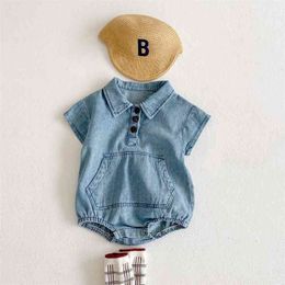 Summer baby cotton denim short-sleeved pocket bodysuit boys clothes girls 210702