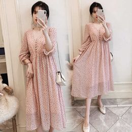 2021 spring pregnant women v-neck chiffon dress fashion elegant polka dot maternity long dress sweet pregnancy cothes X0902