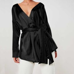 Elegant satin women blouse sexy V-neck long sleeve spring autumn office lady shirt with belt plus size M30586 210526
