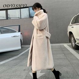Plus Size Loose Warm Outwear Luxury Faux Fur Coats Long Women Parka Fashion Winter Thick Imitation Mink Jacket Female Belt 211220