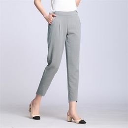 Women Casual Harajuku Spring Summer Plus Size Trousers Solid Elastic Waist Cotton Linen Pants Ankle Length Harem 211124