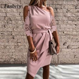 Office Lady Elegant Off Shoulder Irregular Party DrSummer Women Fashion Sexy Hollow Out Lace Sleeve A-Line DrVestidos X0529