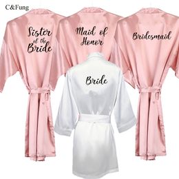 C&Fung bride bridesmaid robe with white black letters mother sister of the bride wedding gift bathrobe kimono satin robes 210901