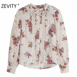 ZEVITY women elegant lace patchwork printing casual smock blouse office ladies o neck puff sleeve shirts chic blusas tops LS7104 210603