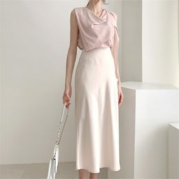 Elegant High Waist Satin Skirt Women Casual A-Line Midi Silk Slim Summer Autumn 210311