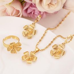 Earrings & Necklace Gold Colour Flower Pendant Rings Elegant Jewerly Set For Women Exquisite Dubai Arab African Jewellery