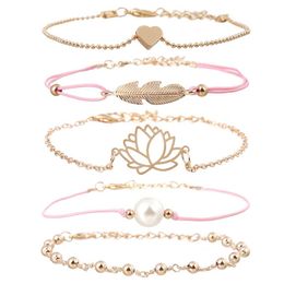 Bracelets Charm Bracelets 5 Pcs/set Bohemian Bracelet Set For Women Braided Pearl Lotus Love Leaf Pink Rope Beads Chain Bangle Boho Jewelry