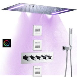 Chrome Polished Shower Mixer Set 50x36 Cm LED Thermostatic Bathroom Atomizing Rainfall System With Handheld