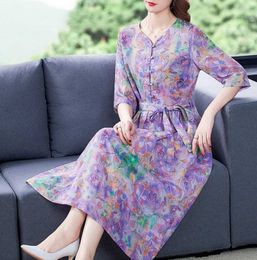 summer Women Printing V-Neck half Sleeve A-Line Chiffon Elegant Loose casual Dress Plus Size 210531