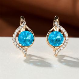 Hoop & Huggie Female Cute Small Earrings Aqua Blue Zircon Round Stone Dainty Gold Colour Wedding For Women Party Jewellery