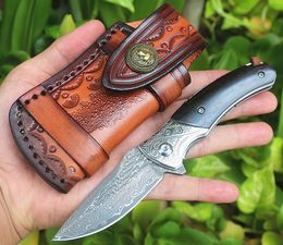 Top Quality Flipper Fodling Knife VG10 Damascus Steel Drop Point Blade Natural Ebony + Steels Head Handle Ball Bearing Pocket Knives With Leather Sheath