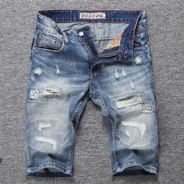 Italian Style Fashion Men Jeans Retro Blue Embroidery Destroyed Ripped Denim Shorts Patches Designer Hip Hop Short LMMK