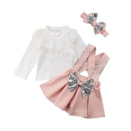 1-6Y Kleinkind Kind Baby Mädchen Kleidung Set Langarm Spitze Rüschen T-shirt Tops + Bogen Tutu Strap Röcke prinzessin Kind Kostüme 211021