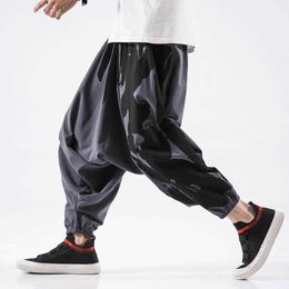 Harajuku Men's Pants Linen Wied Leg Trousers Men Loose Drawstring Ankle-Length Pants Male Printing Streetwear Jogging Pants 5XL Y0927