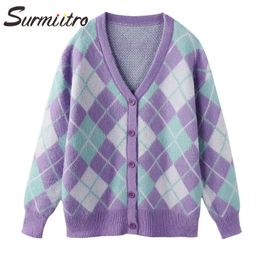 SURMIITRO Oversized Cardigan Women Autumn Winter Korean Style Plaid Long Sleeve Sweater Female Knitted Jacket Coat Knitwear 210712
