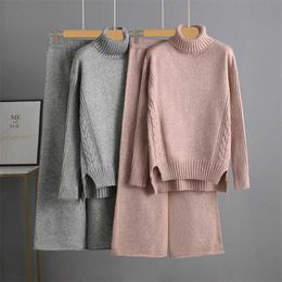 Winter Thick Women Suits two Piece Set Loose Turtleneck twist Pullover Sweaters And Long Knitted wide leg pants sets Sportsuits 211116